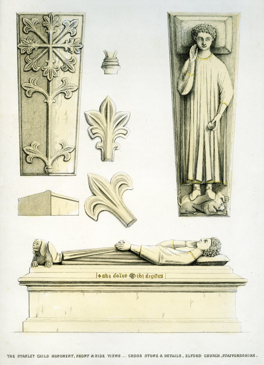 O monumento de criança Stanley, Igreja de São Pedro, Elford, Staffordshire, Inglaterra, 1848-49 (gravura colorida à mão) de Edward M. Richardson