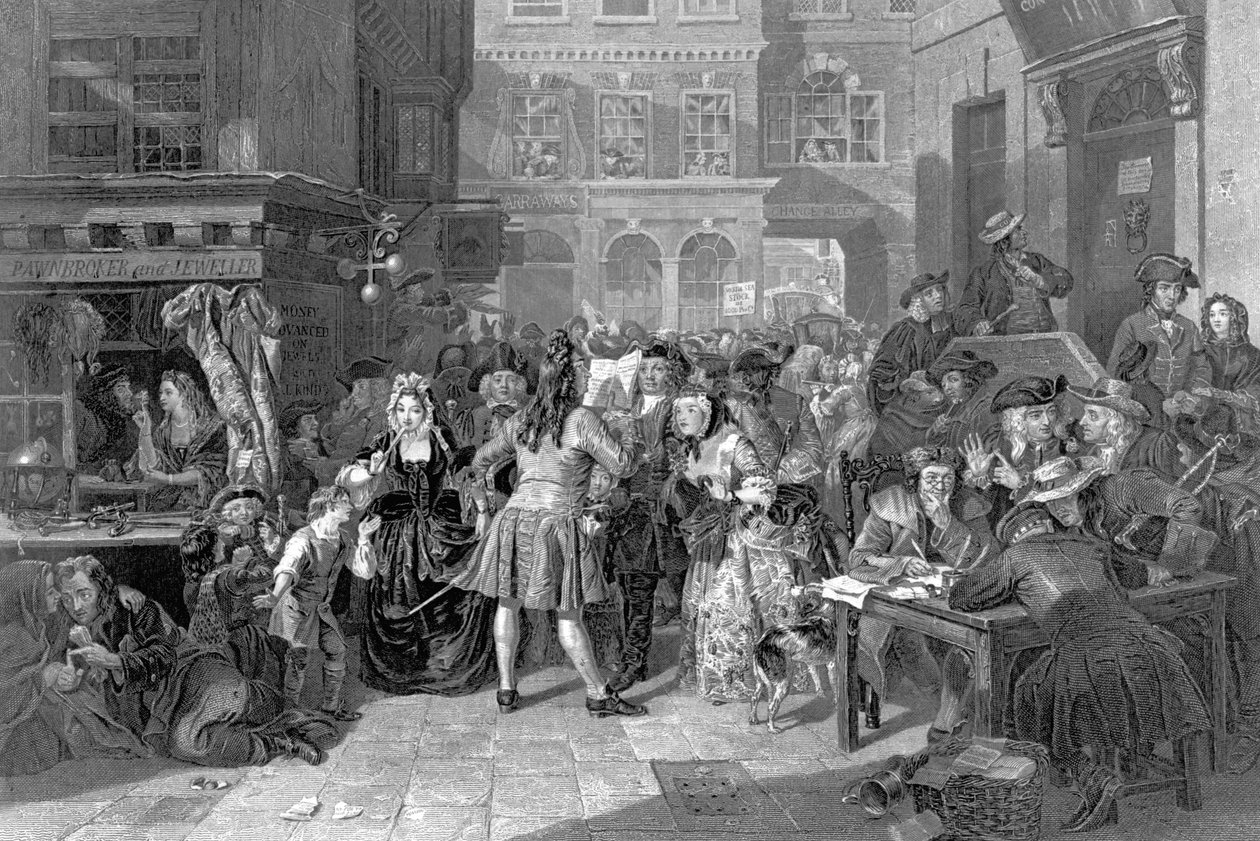 Cena no Beco da Mudança durante a Bolha do Mar do Sul, 1853 de Edward Matthew Ward