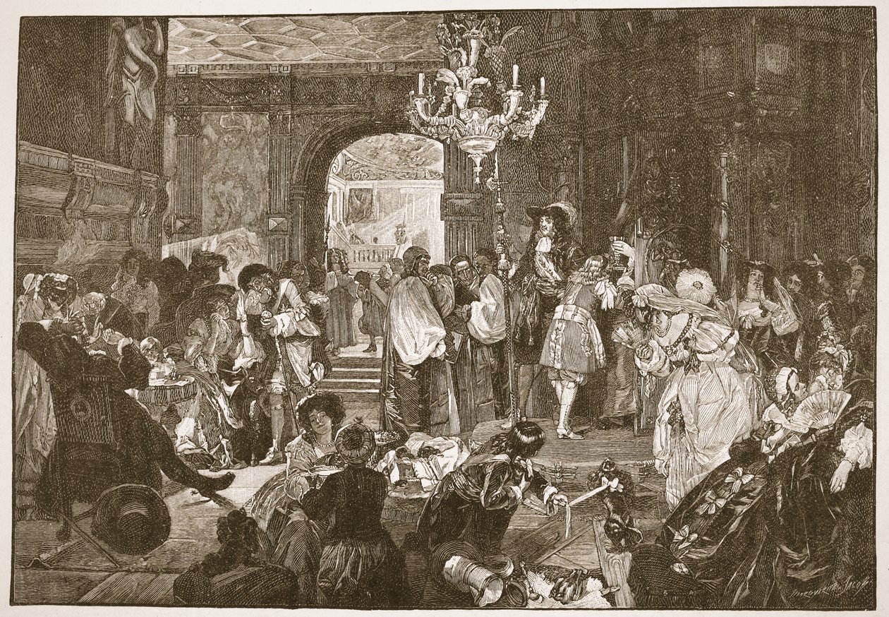 The Ante-chamber, Whitehall, durante os últimos momentos de Charles II, ilustração de "A Igreja da Inglaterra: Uma História para o Povo" de HDM Spence-Jones, pub. c.1910 (foto sépia) de Edward Matthew Ward