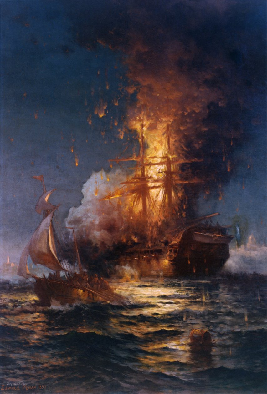 Queima da fragata Filadélfia no porto de Trípoli de Edward Moran