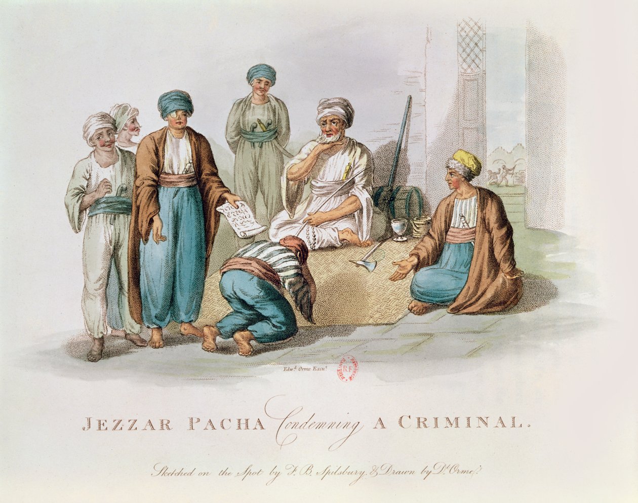 Jezzar Pacha c.1720-1804 condenando uma gravura de cor criminal de Edward Orme