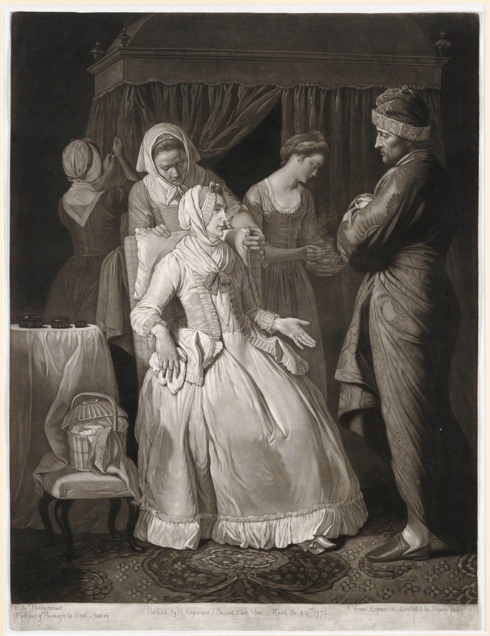 The Virtuous Comforted por Sympathy and Attention, impressão feita por Valentine Green, 1775 (mezzotint) de Edward Penny