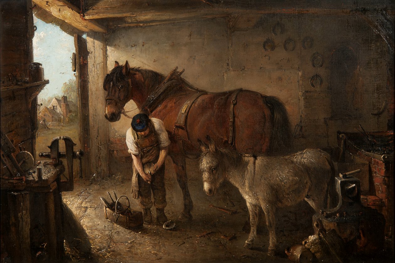 Um ferrador calçando um cavalo de arado, com um burro, no interior de uma forja. de Edward Robert Smythe