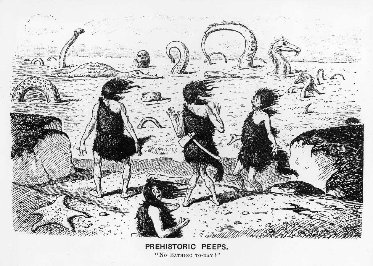 Peeps pré-históricos, &39;No Bathing Today&39;, 1884 (caneta e tinta) de Edward Tennyson Reed