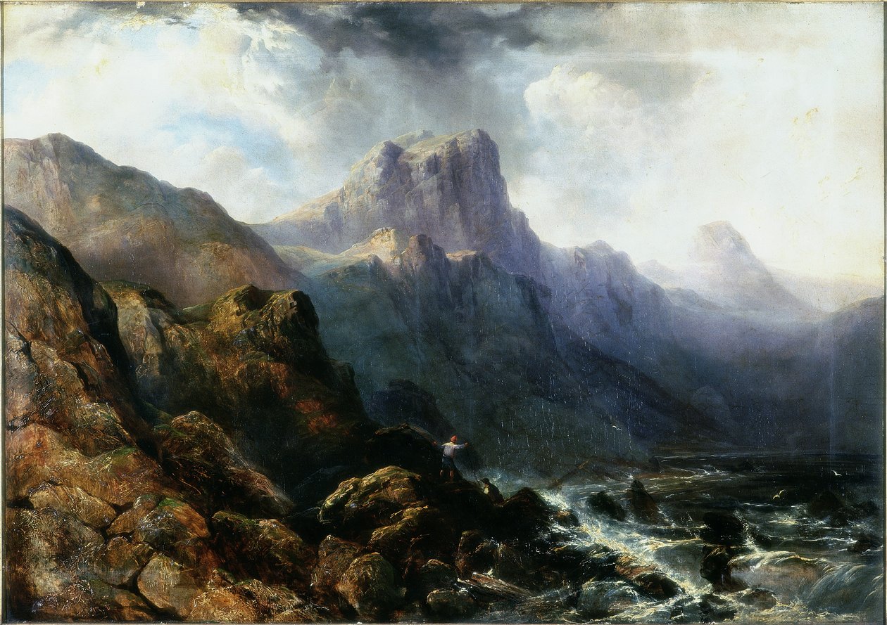 Óleo de paisagem montanhosa sobre tela de Edward Train