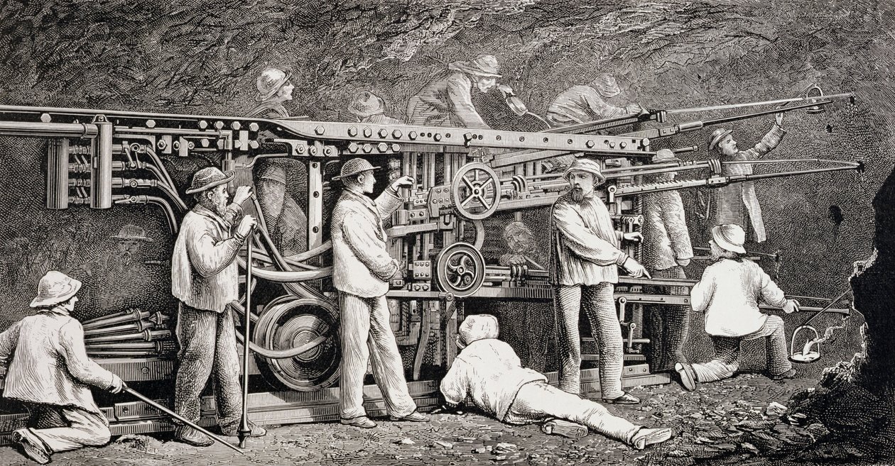 A Galeria Avançada no Lado Francês do Túnel Mont Cenis, com as &39;Perforatrices&39; no Trabalho, de &39;The Ascent of the Matterhorn&39;, de Edward Whymper, publicada em 1860-80 de Edward Whymper