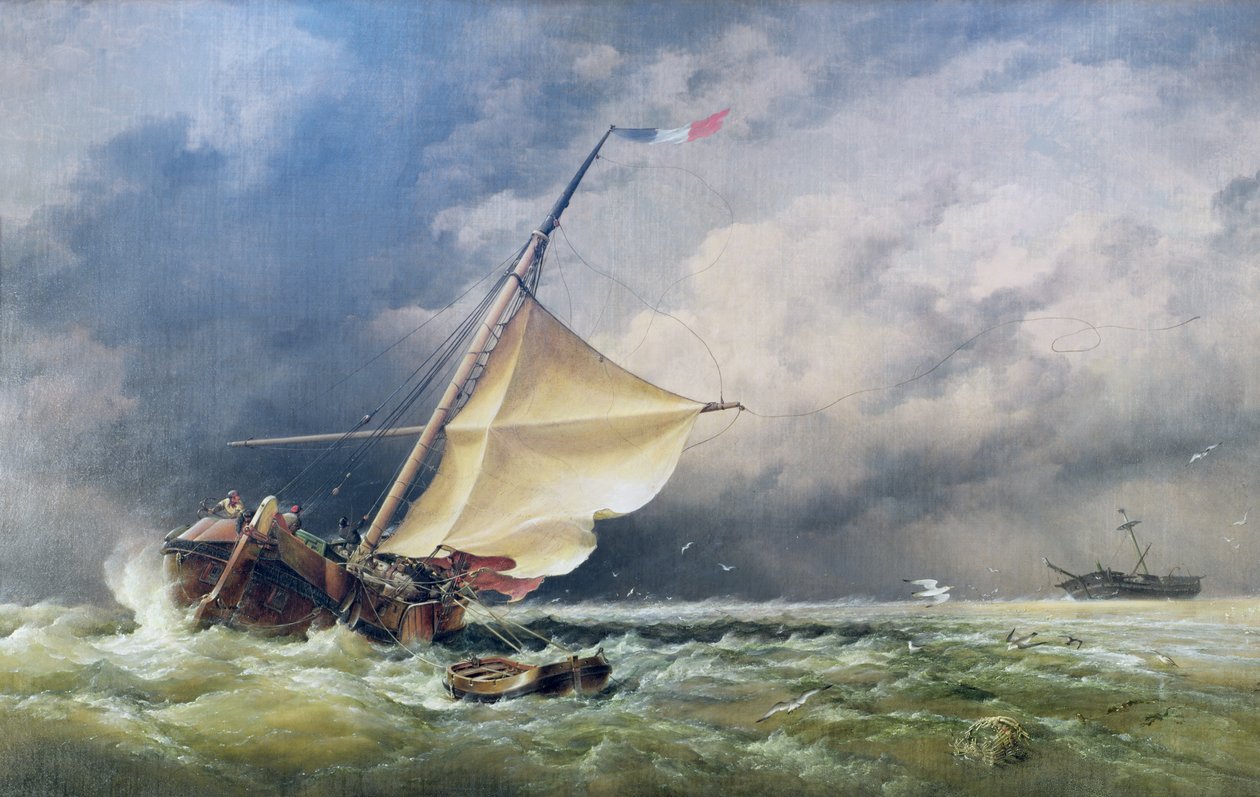 Um Holandês Beurtman encalhado nas Areias de Terschelling ou no Mar do Norte depois de uma tempestade de neve, 1865 de Edward William Cooke