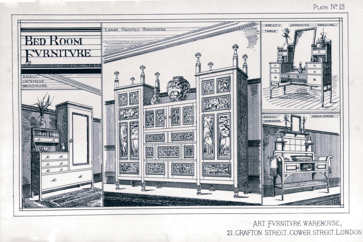 Mobília do quarto do armazém de móveis de arte, placa 13, Godwin Edward William (1833-86), 1876, fabricante Watt W de Edward William Godwin
