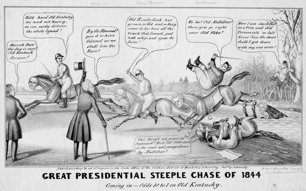 Grande perseguição do campanário presidencial de 1844: chegando em - odds 10-1 no Old Kentucky, publicado por A Donnelly, Nova York, 1844 de Edward Williams Clay