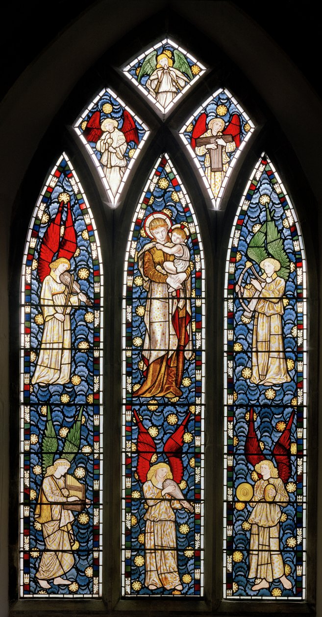 Tilehurst, St Michael, Morris Marshall e Faulkner & Co, William Morris, Edward Burne-Jones, Madonna e criança, anjos musicais, 1869 de Edward and Morris Burne Jones