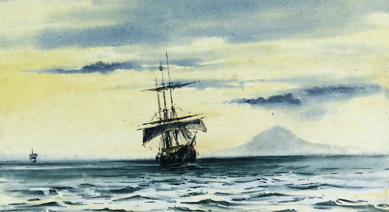 A última visão do Mount Discovery: SS. "Manhã" e "Terra Nova" após a "Descoberta" do Estreito de McMurdo, 19 de fevereiro de 2004 Meia-noite de 1904 de Edward Adrian Wilson