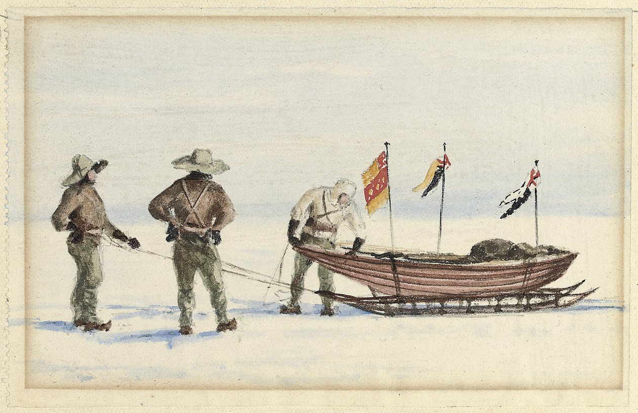 A festa do trenó em White Island, fevereiro de 1902: Shackleton, Wilson e Ferrar se preparando para partir, 1902 de Edward Adrian Wilson