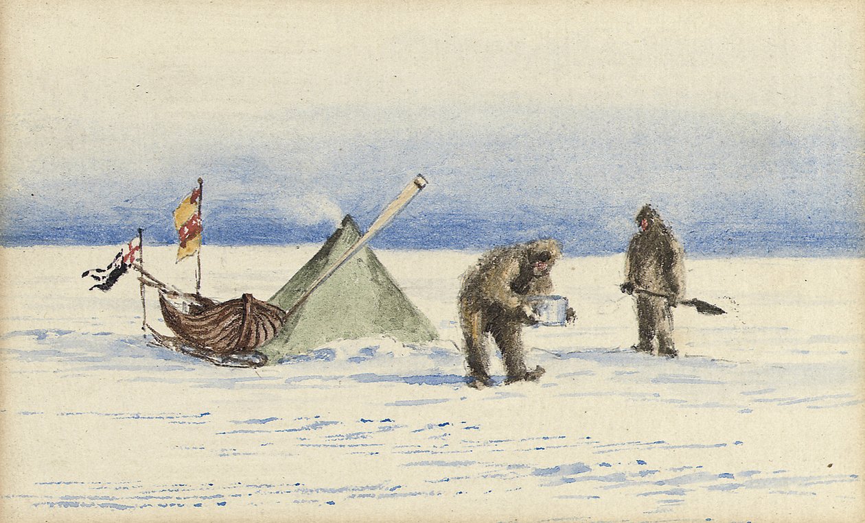 A festa de trenó em White Island, fevereiro de 1902: Shackleton e Wilson fazendo acampamento, 1902 de Edward Adrian Wilson