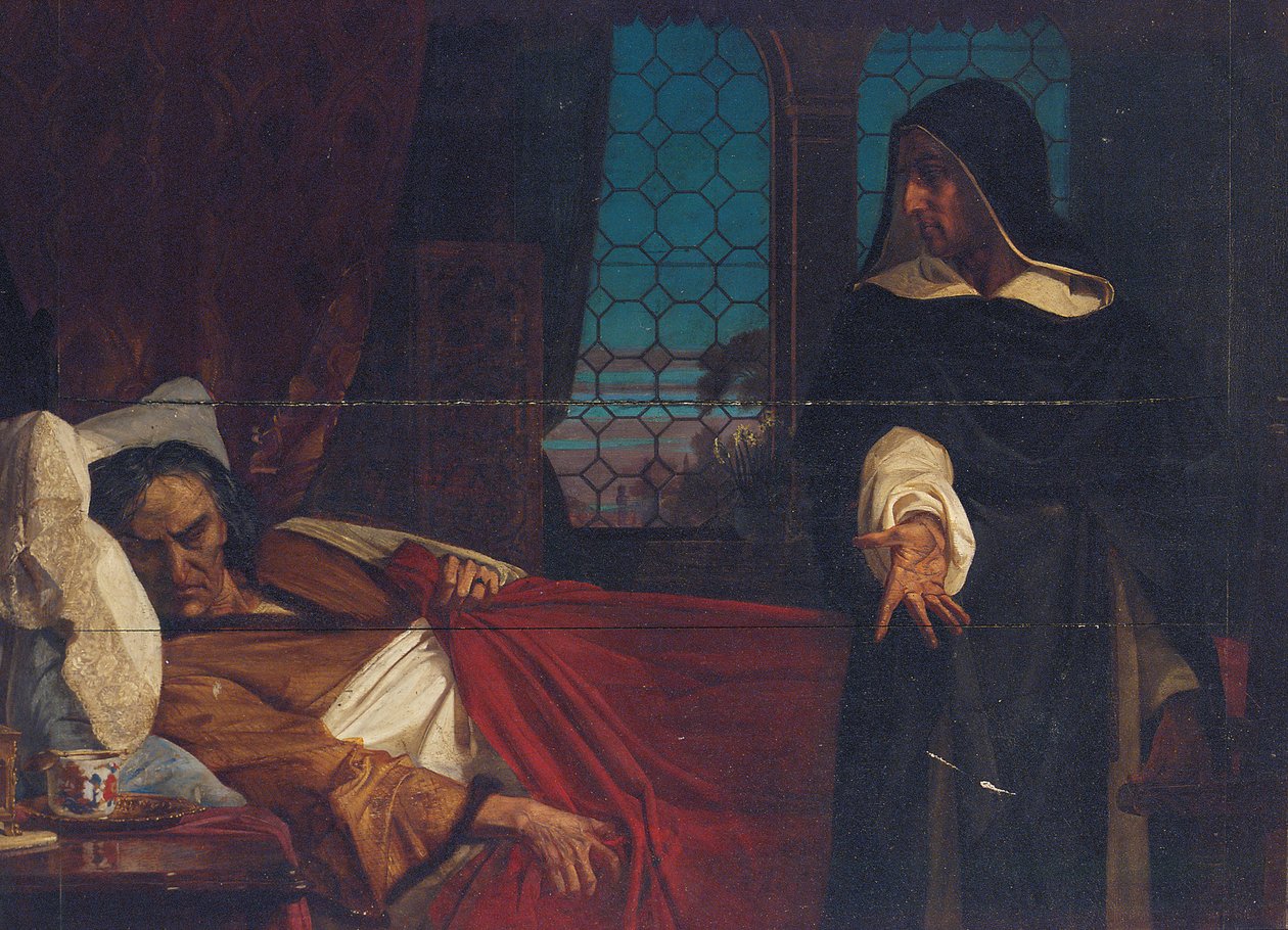 Uma figura encapuzada diante da cama de um homem angustiado de Edward Armitage