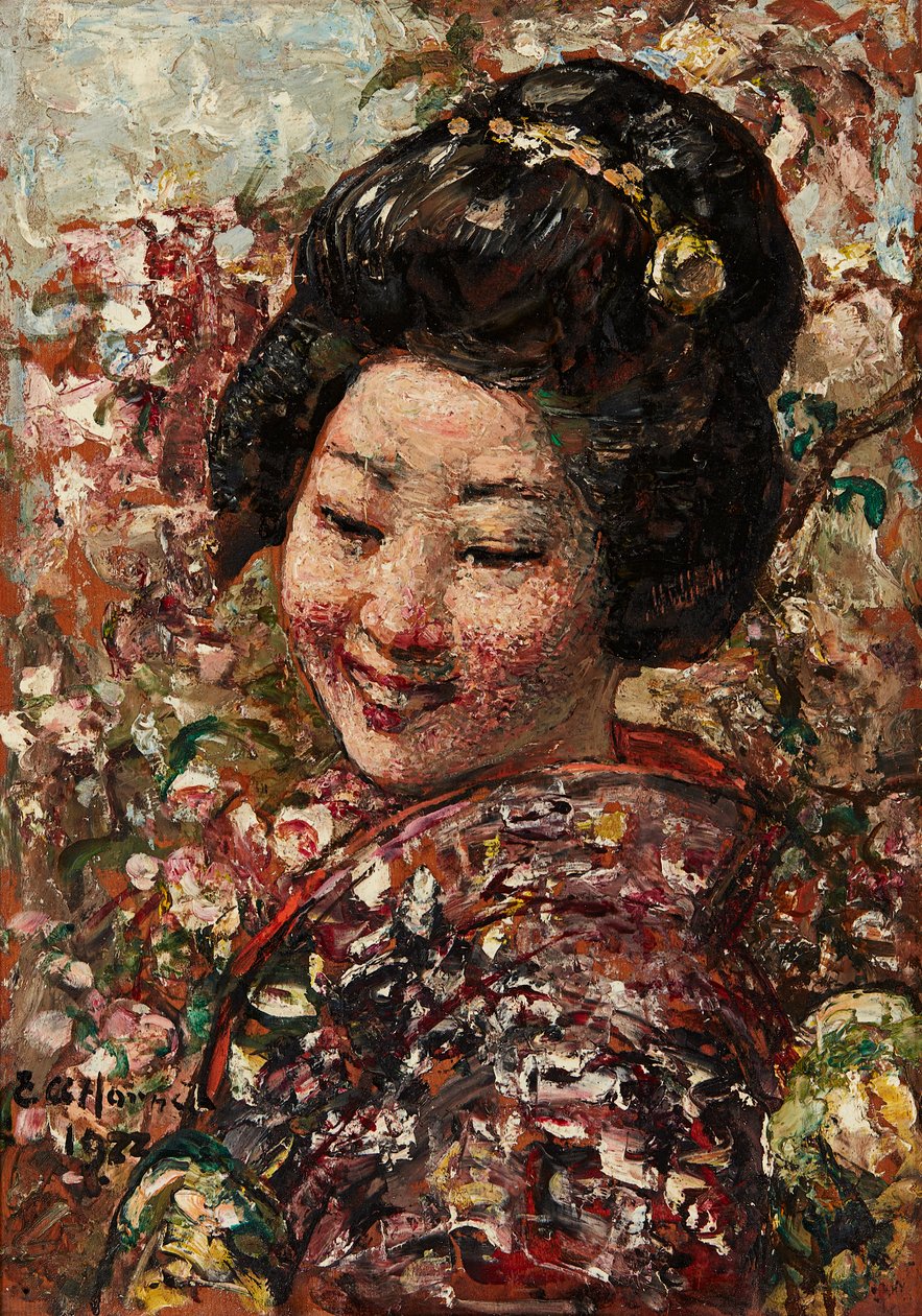 Garota Japonesa (óleo no painel) de Edward Atkinson Hornel