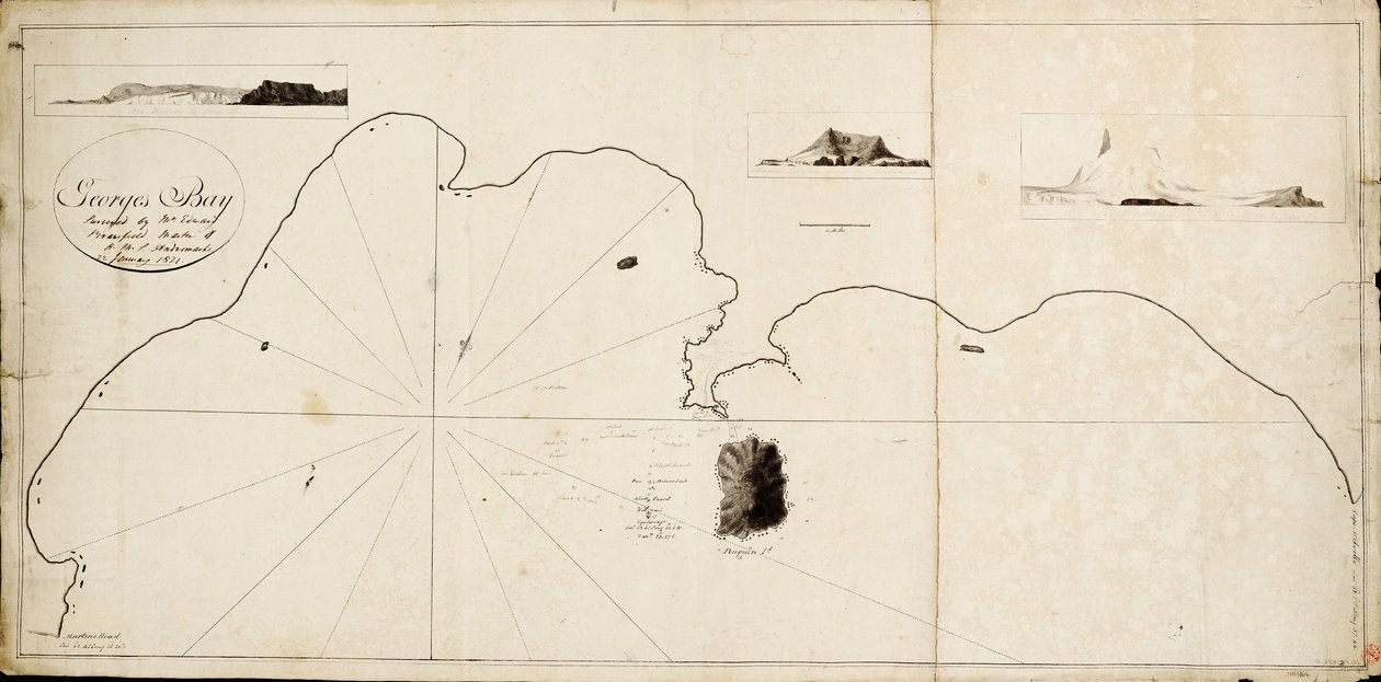 A baía de São Jorge foi inspeccionada por Edward Bransfield, capitão do HMS "Andromache de Edward Bransfield