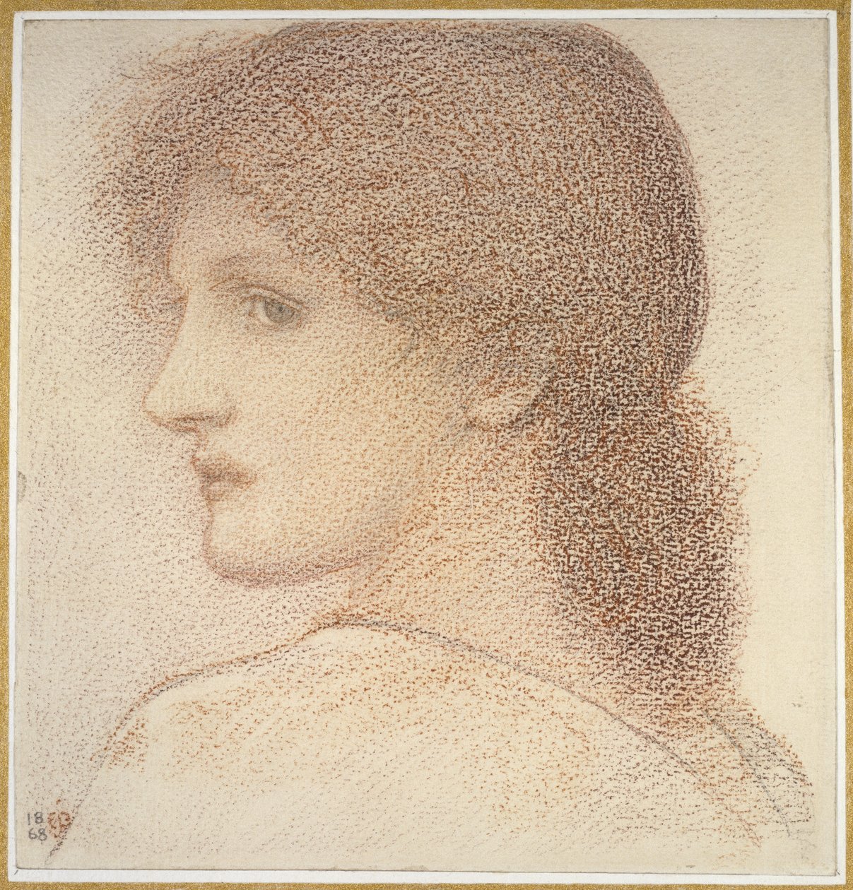 Um estudo da cabeça de uma mulher, voltada para a esquerda, 1868 (giz vermelho sobre papel) de Edward Burne Jones