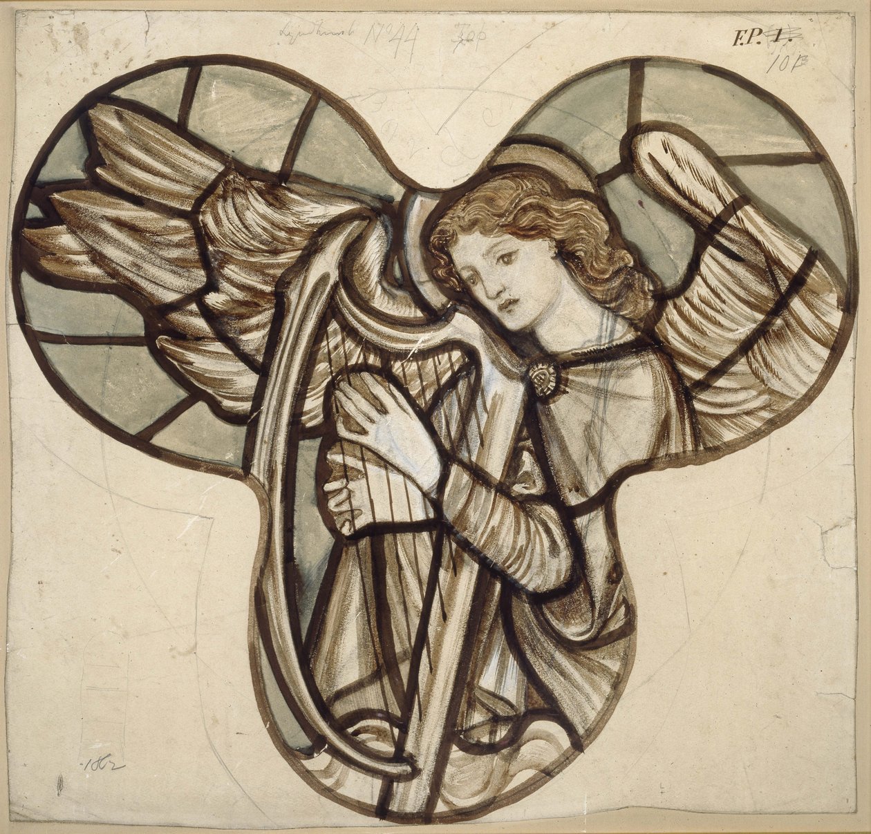 Design para vitrais na Igreja de Lyndhurst: An Angel Harpist, 1862 (marrom e azul lava sobre grafite) de Edward Burne Jones