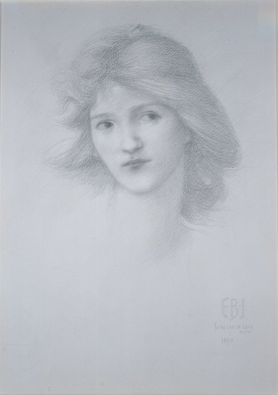 Cabeça Feminina: Estudo para &39;O Carro do Amor&39;, 1895 (lápis) de Edward Burne Jones