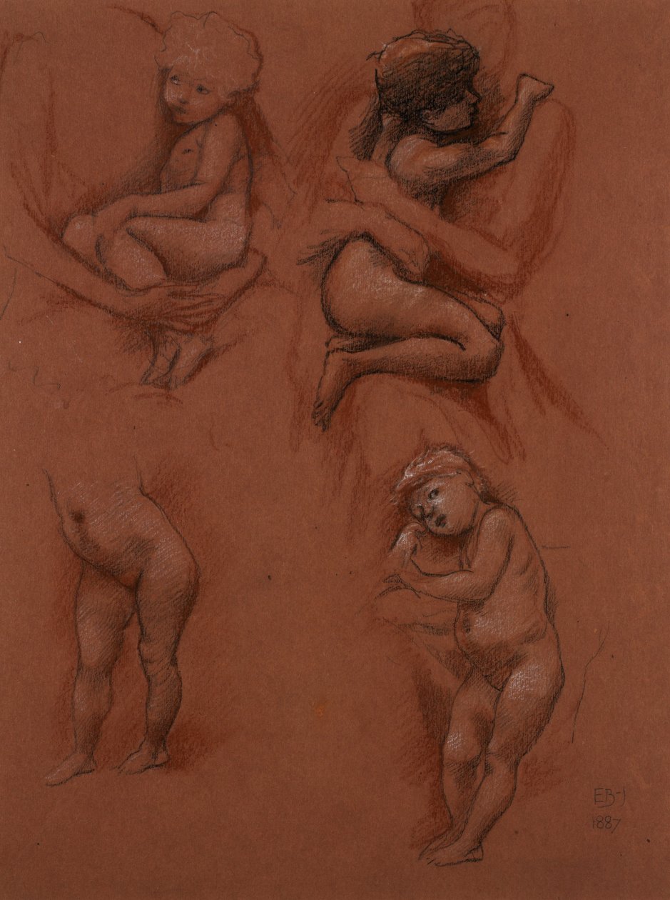 Estudos de crianças nos braços de suas mães, 1887 (preto, vermelho e branco no papel vermelho) de Edward Burne Jones