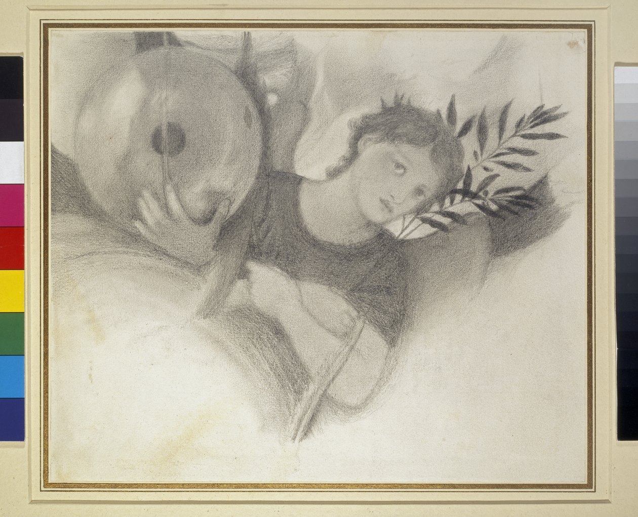 Estudo para uma cabeça nos dias da criação, c. 1871 - 1875 (grafite e giz preto sobre papel branco) de Edward Burne Jones