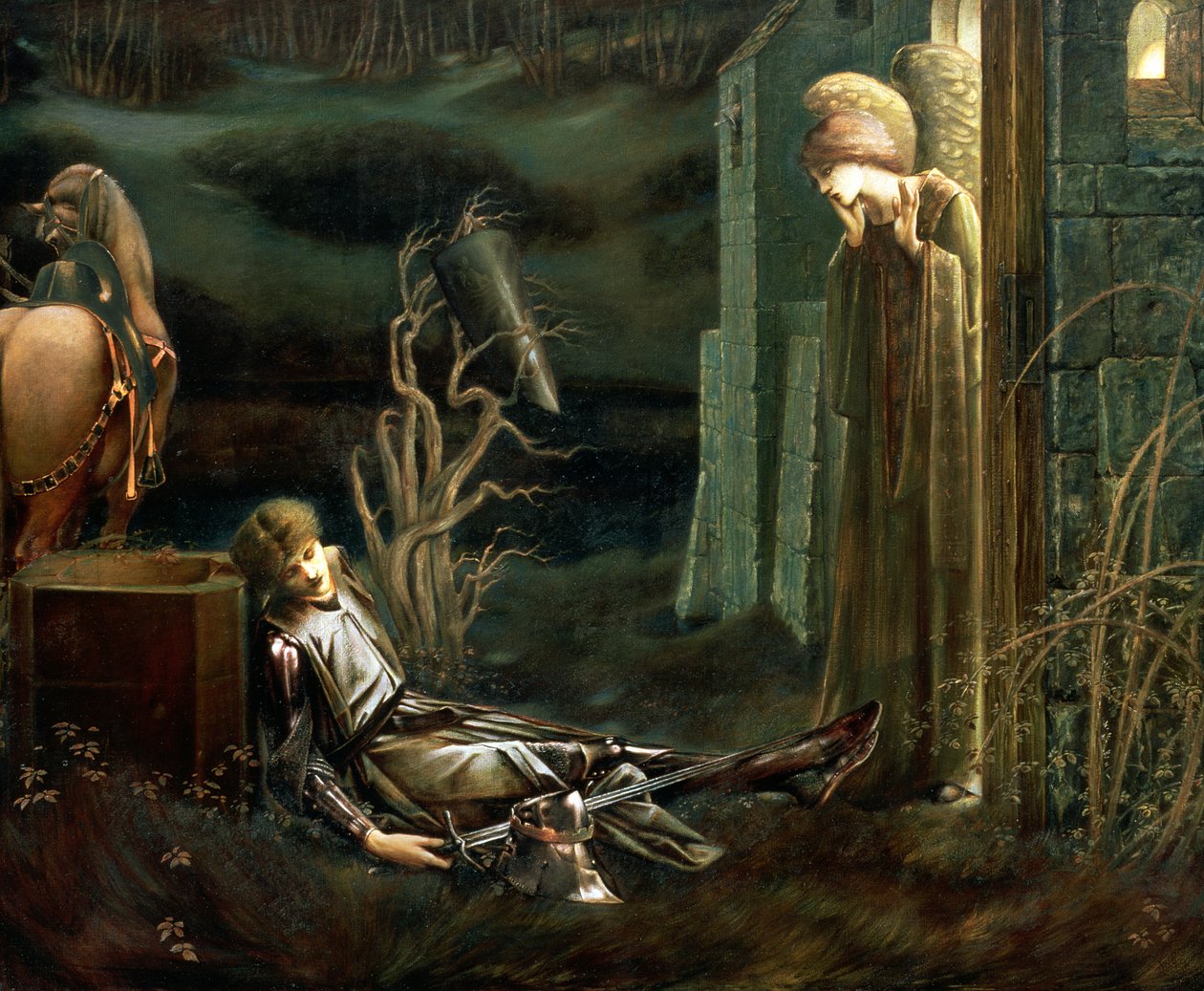 O sonho de Sir Lancelot na capela do Santo Graal, 1896 de Edward Burne Jones