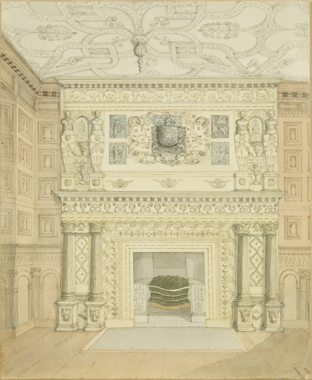 Chaminé, Great Oak Room, Red Lodge (lápis e aguarela sobre papel) de Edward Cashin