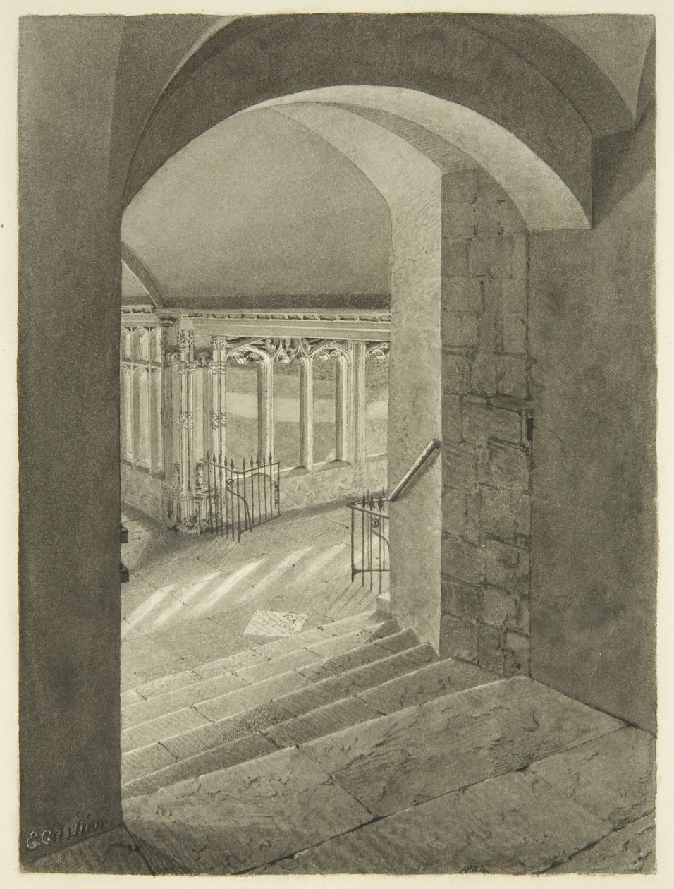 Entrada para os Claustros da Catedral de Bristol com o túmulo de Edward Bird (lápis e aguarela sobre papel) de Edward Cashin