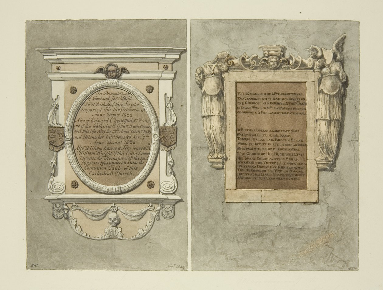Monumentos ao Bispo Searchfield, Dean Chetwynd, e Sra. Weeks, na Catedral de Bristol (lápis e aguarela sobre papel) de Edward Cashin