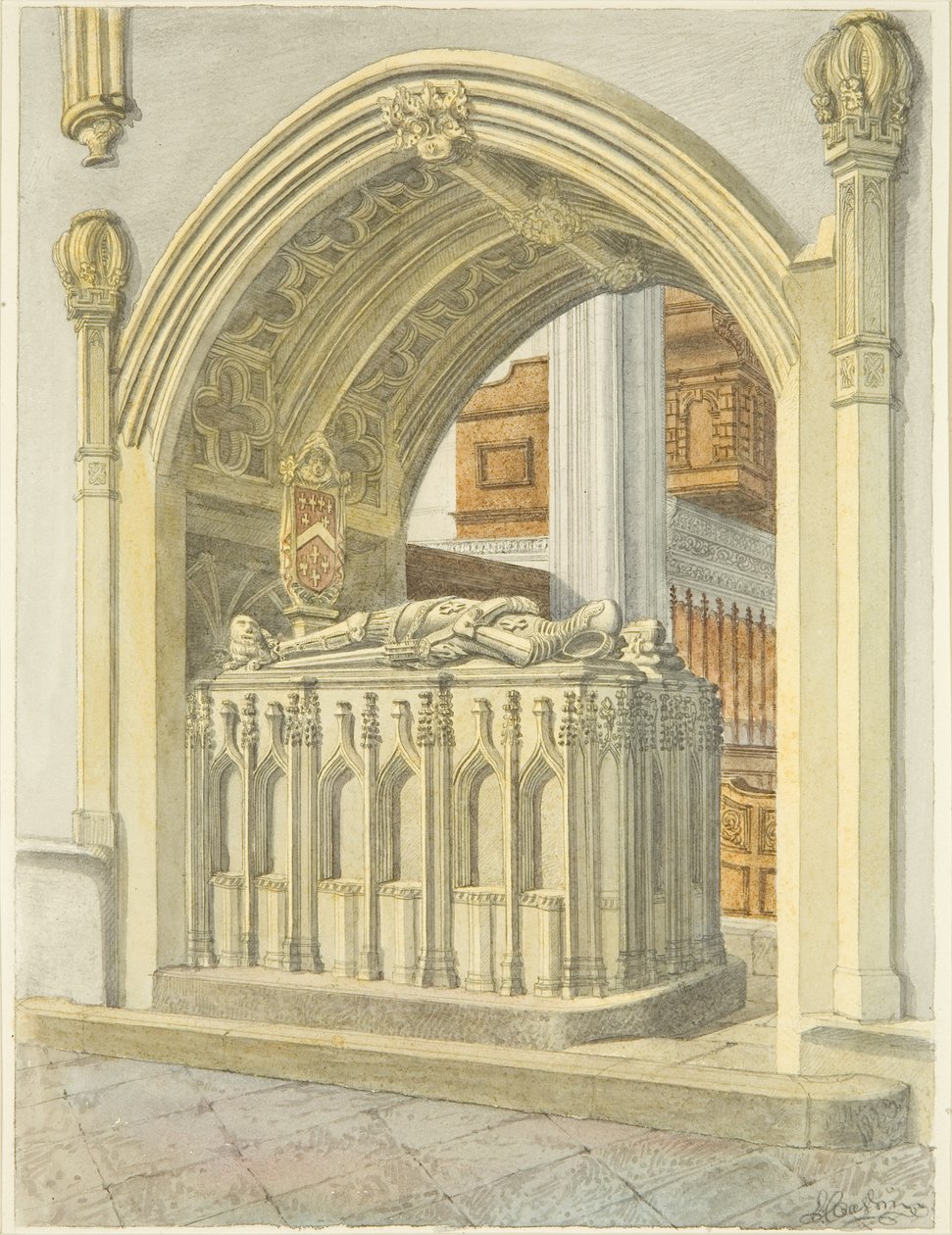 Túmulo de Robert Fitzharding, morto em 1170, na Catedral de Bristol (lápis e aguarela sobre papel) de Edward Cashin