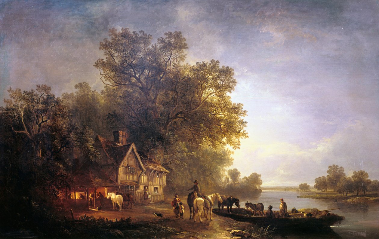 Paisagem do rio com rústicos e cavalos, c1860 de Edward Charles Williams