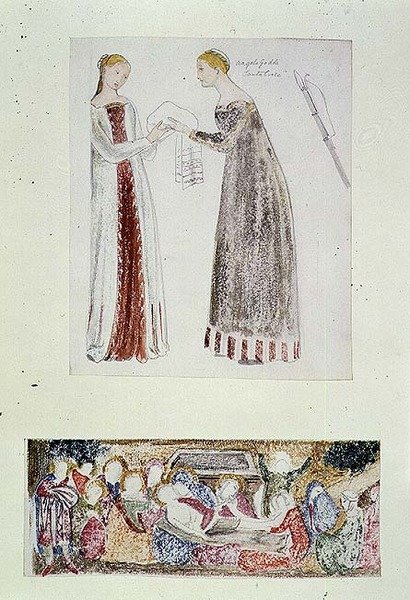 No.1084-f.10 (TtoB) Duas Criadas, uma cópia de O Nascimento de Maria por Giovanni da Milano da Capela Rinuccini, Florença; A Lamentação (aquarela, lápis) de Edward Coley Burne Jones