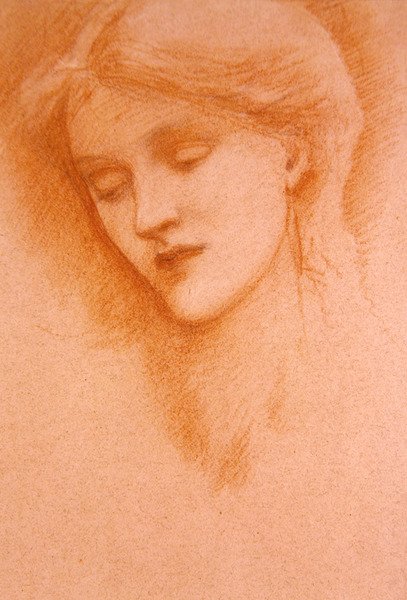 Retrato de uma Jovem Mulher (giz vermelho sobre papel) de Edward Coley Burne Jones