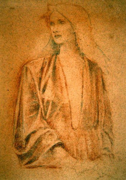 Retrato de uma menina - Estudo para Arthur em Avalon, c.1890 (giz no sangue e lápis em papel vermelho) de Edward Coley Burne Jones