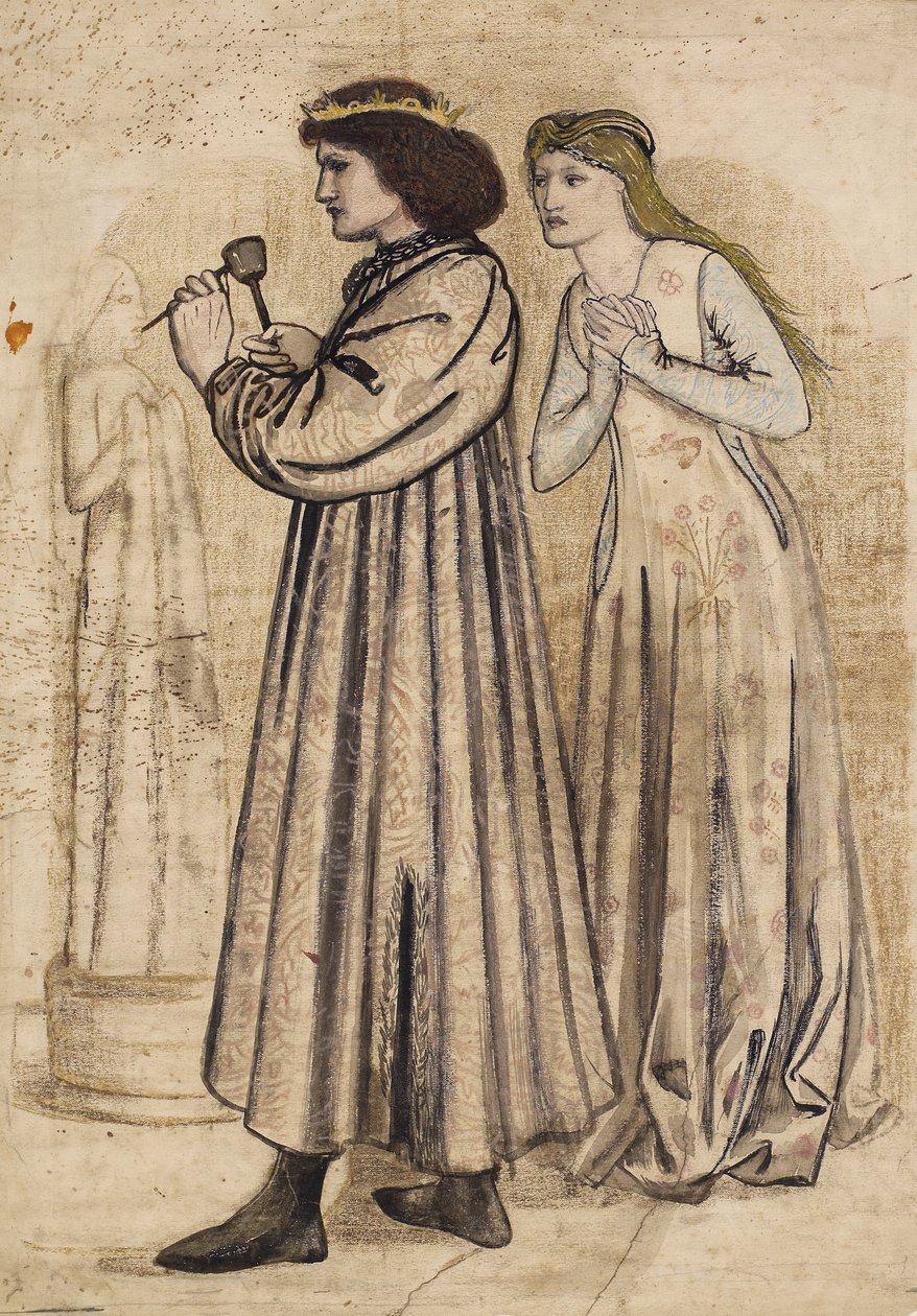 Cena do rei René a esculpir uma figura enquanto é observado pela sua nova noiva (caneta e tinta-da-china com lavagem e lápis sobre papel) de Edward Coley Burne Jones