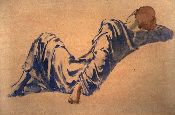 Estudo de um Courtier adormecido para a Série Briar Rose: A Sala do Conselho (aquarela com giz vermelho sobre papel) de Edward Coley Burne Jones
