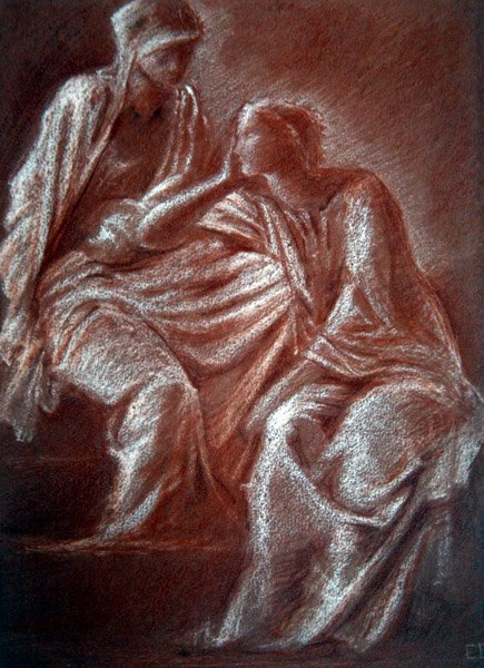 Estudo de figuras femininas (giz vermelho e branco sobre papel) de Edward Coley Burne Jones