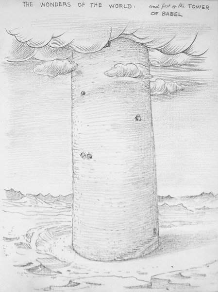 As Maravilhas do Mundo - A Torre de Babel (lápis sobre papel) de Edward Coley Burne Jones