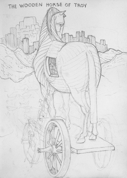 O Cavalo de Tróia em Madeira (lápis sobre papel) de Edward Coley Burne Jones