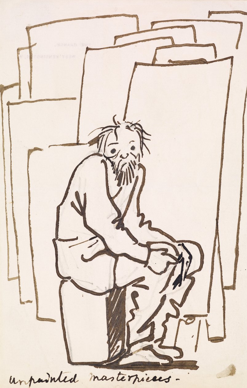 Obras-primas não pintadas (auto-caricatura) (caneta e tinta sobre papel) de Edward Coley Burne Jones