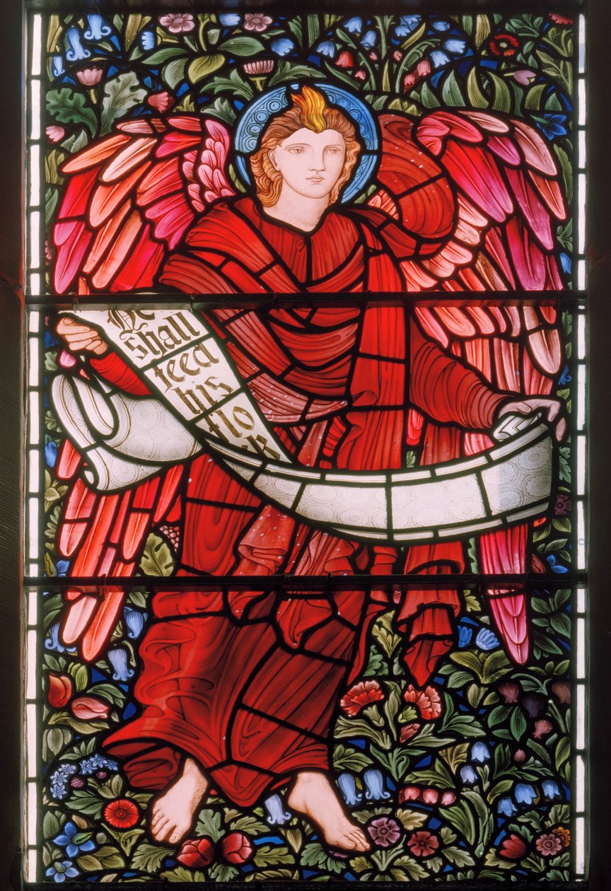 Anjo segurando um pergaminho, janela do leste, 1880 (vitral) de Edward Burne Jones