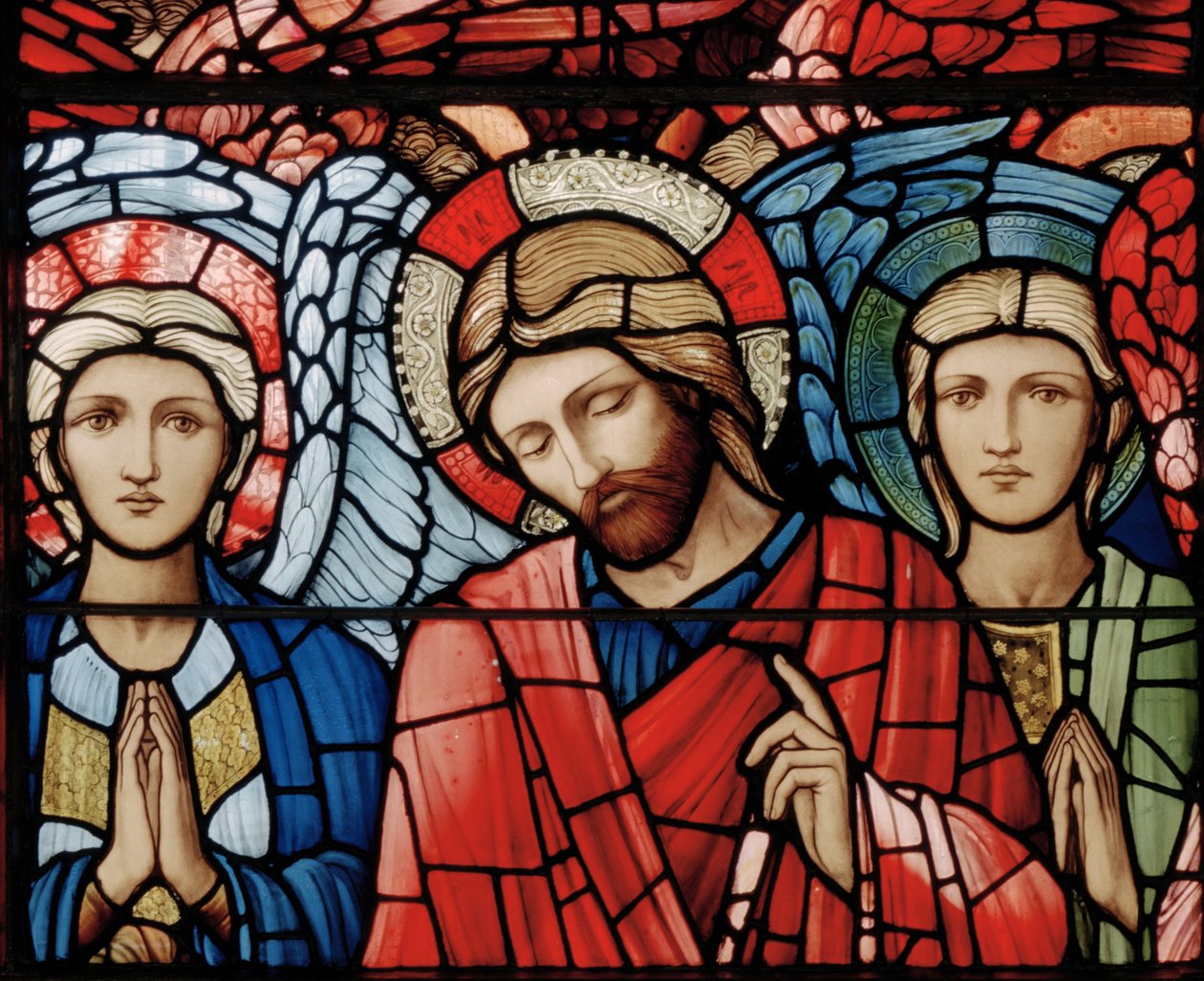 Cristo em majestade, anjos da guarda, serafins, arcanjos, detalhe da janela da ascensão, 1885 (vitral) de Edward Burne Jones