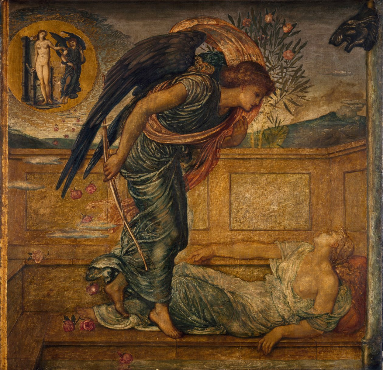 Cupido e Psique - Murais Verdes do Palácio - Cupido Encontrando a Psique Adormecida em uma Fonte, 1881 de Edward Burne Jones