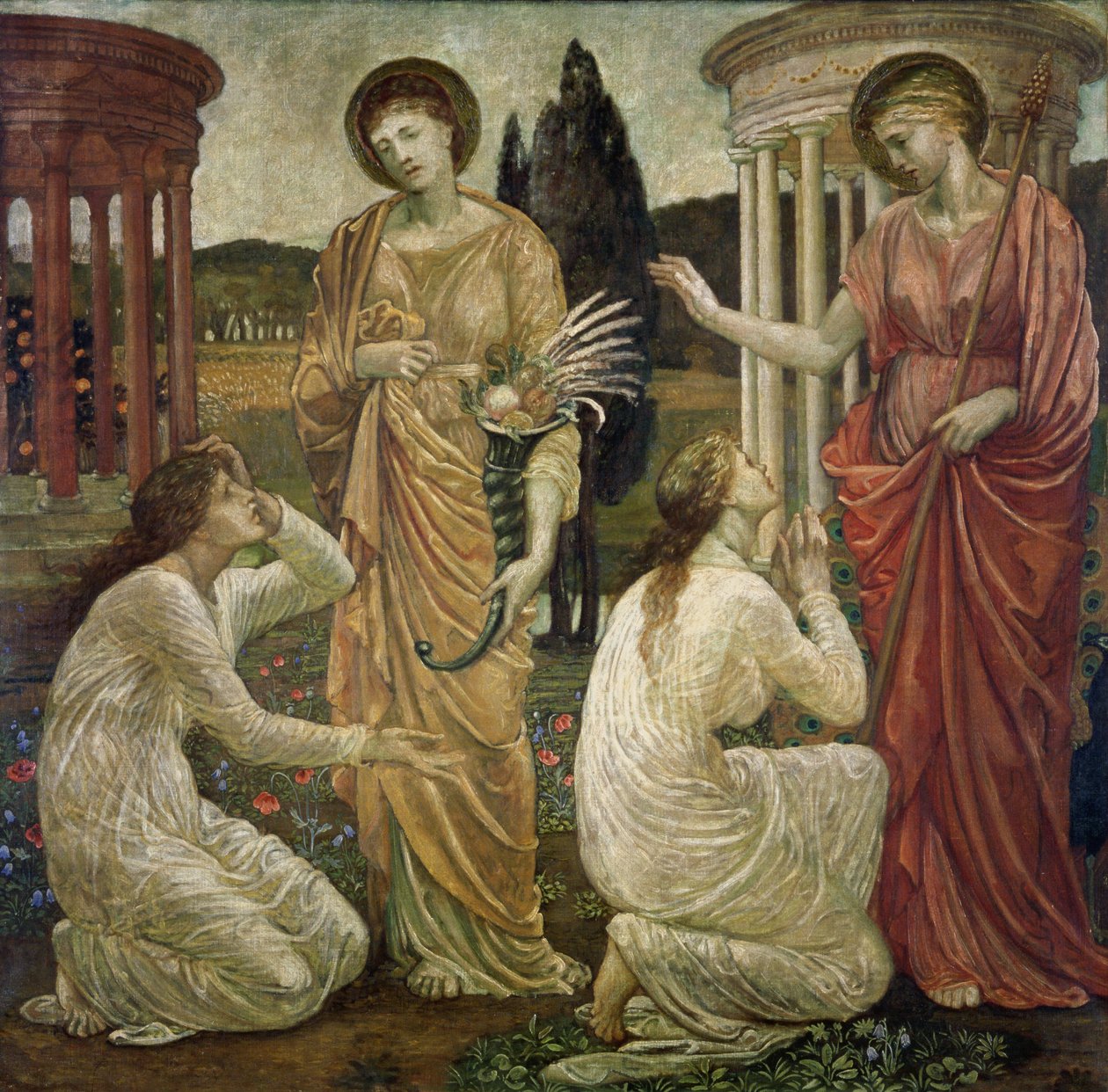Cupido e Psique - Murais Palácio Verde - Psique nos Santuários de Juno e Ceres, 1881 de Edward Burne Jones
