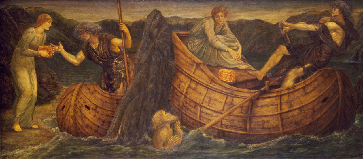 Cupido e Psique - Murais Verdes do Palácio - Psique dando a Moeda ao Ferryman of the Styx, 1881 de Edward Burne Jones