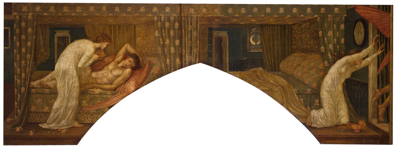 Cupido e Psique - Murais Verdes do Palácio - Psique segurando a lâmpada olha para o rosto de Cupido e Psique adormecidos abandonados, 1881 de Edward Burne Jones