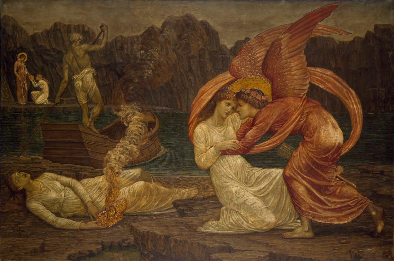 Cupido e Psique - Murais Verdes do Palácio - Psique recebendo o Caixão de Proserpine, 1881 de Edward Burne Jones