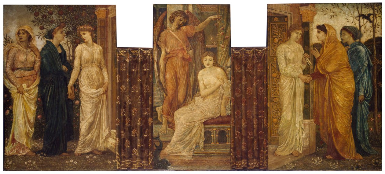 Cupido e Psique - Murais Verdes do Palácio - As Irmãs da Psique a visitam na Casa do Cupido, 1881 de Edward Burne Jones