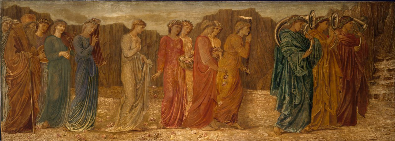 Cupido e Psique - Murais Verdes do Palácio - O rei e outros enlutados abandonam Psique ao Monstro, 1881 de Edward Burne Jones