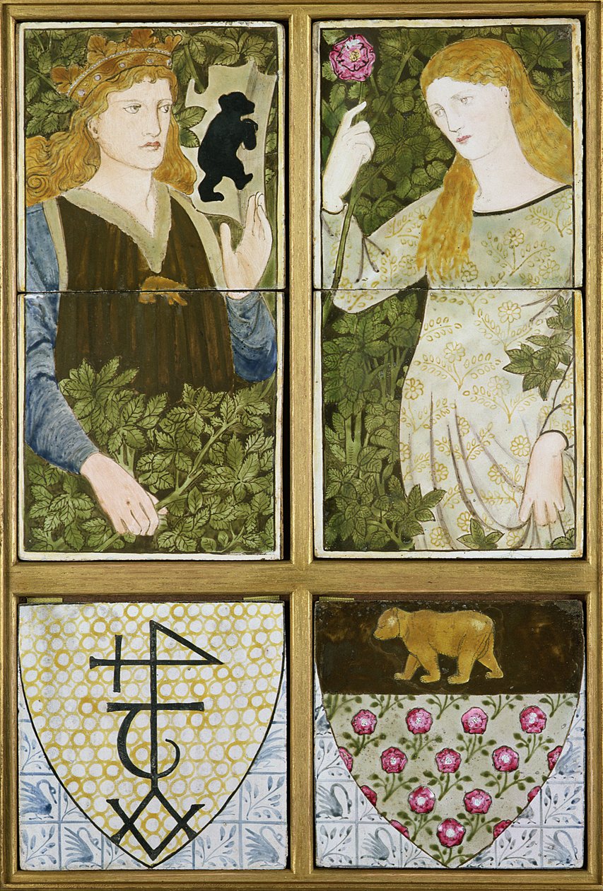 Rei Artur e Rainha Guinevere, painel Six Tile fabricado por Morris, Marshall, Faulkner & Co. (cerâmica) de Edward Burne Jones